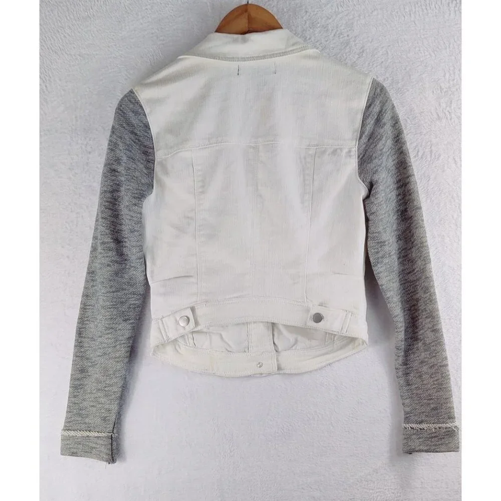 Jean Jacket by Tinseltown Denim Couture White Gray Sleeves Distressed High-Low S